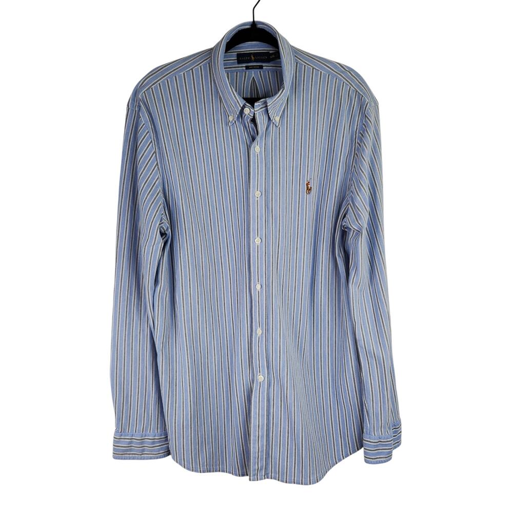 Ralph Lauren Knit Oxford Blue Gray white Stipe Button Down LS Men's XXL Preppy